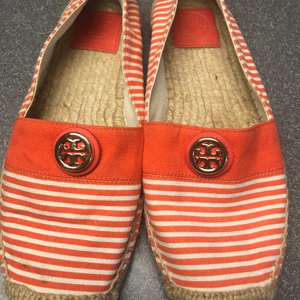 Tory Burch orange and white striped espadrilles